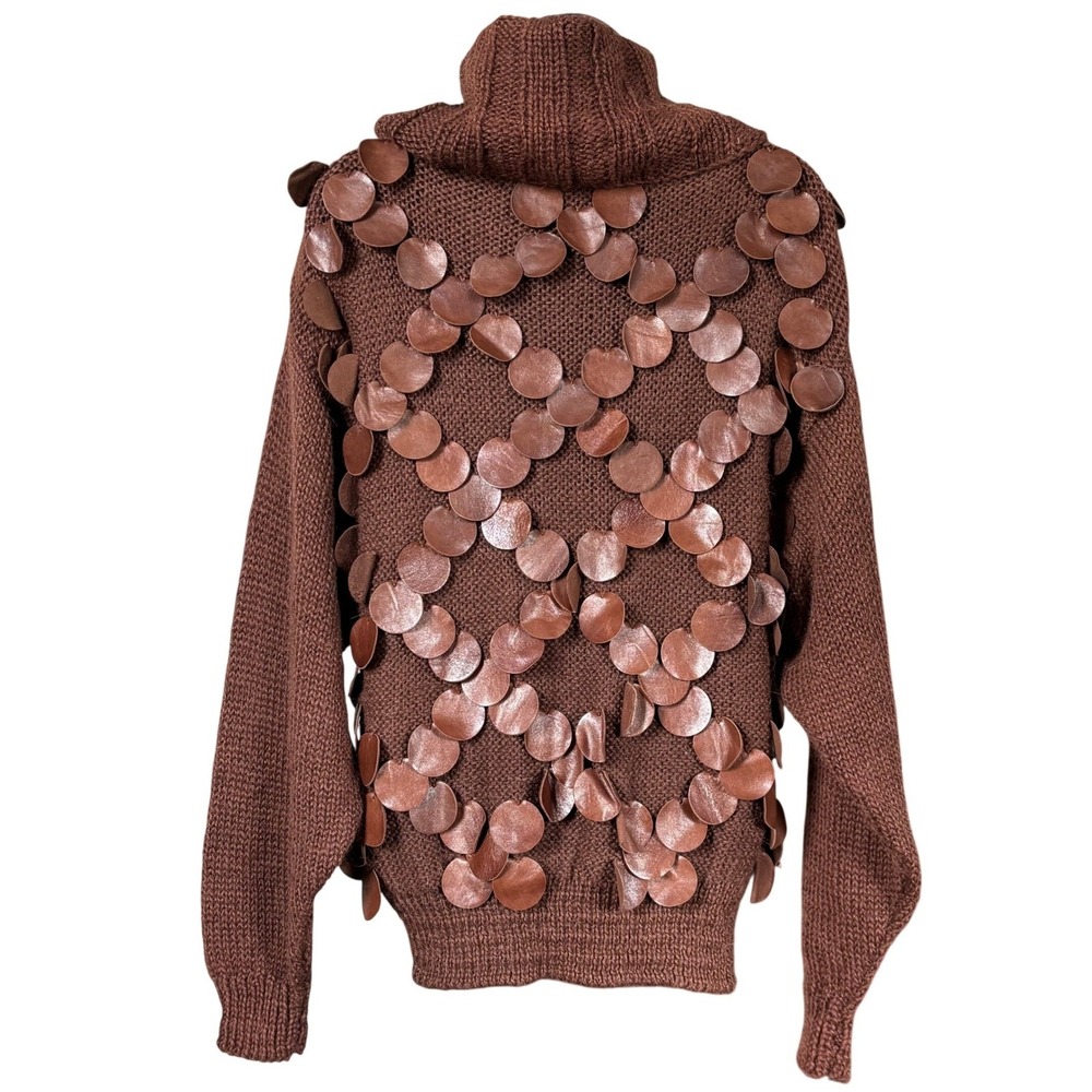 Vtg 90s Wool Alpaca Leather Sweater Sz M Brown Boho‎ Luxe Festival Embellished - Picture 4 of 9
